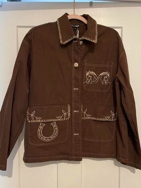 Fashion Nova Brown Button-Down Shirt Jacket with White Embroidery